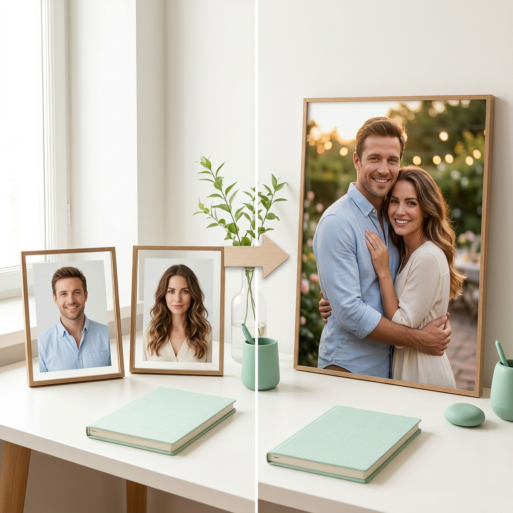 A couple upper bodies visible, looking at a romantic AI-generated couple portrait on a smartphone, mint-green accents and warm white desk