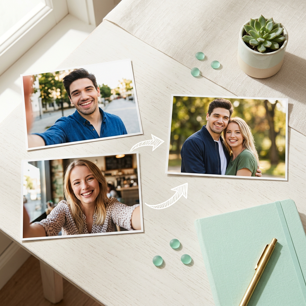 Before and after: two separate portrait photo cards on the left, merged into one romantic couple portrait on the right, mint-green surface