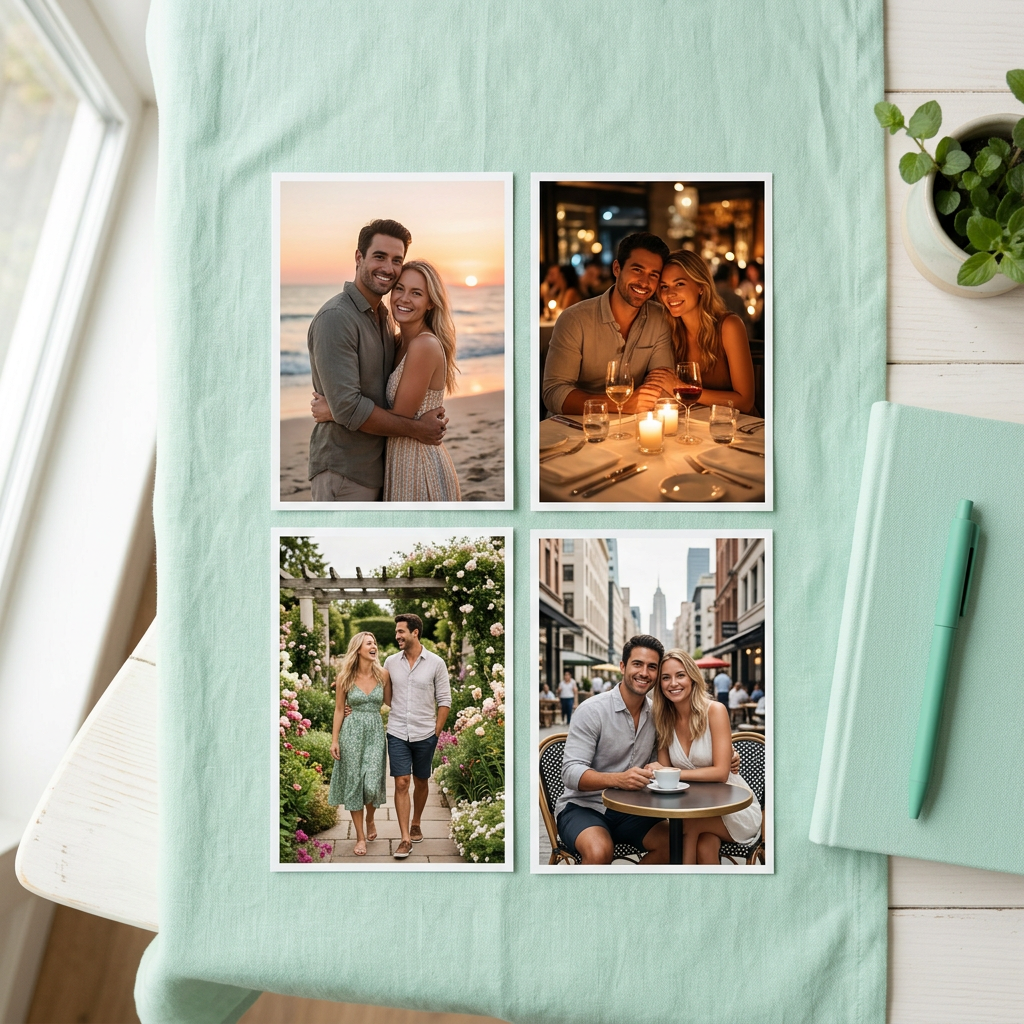 Three couple photo variations with different romantic backgrounds — beach sunset, garden, and candlelit dinner setting
