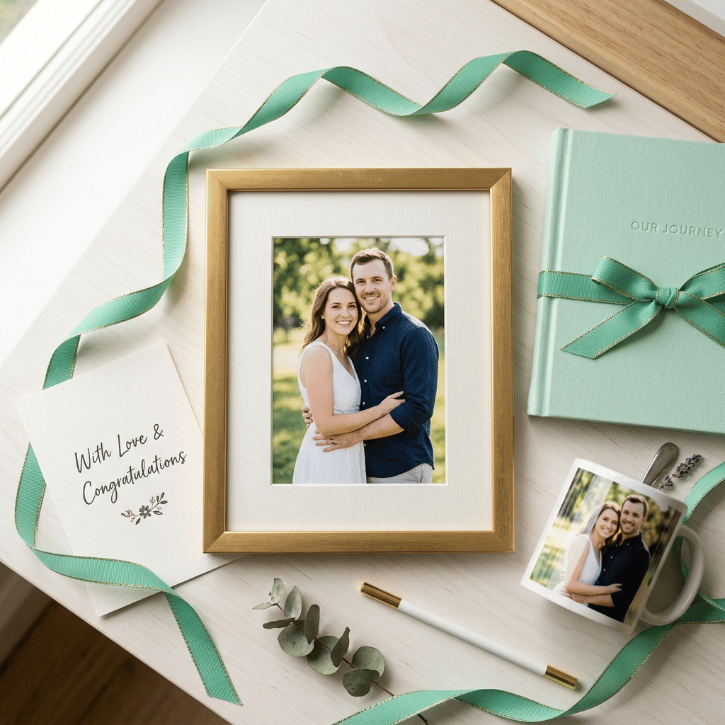 Flat-lay of printed couple photo cards in various sizes, with a frame and gift wrapping, mint-green accents on warm white desk