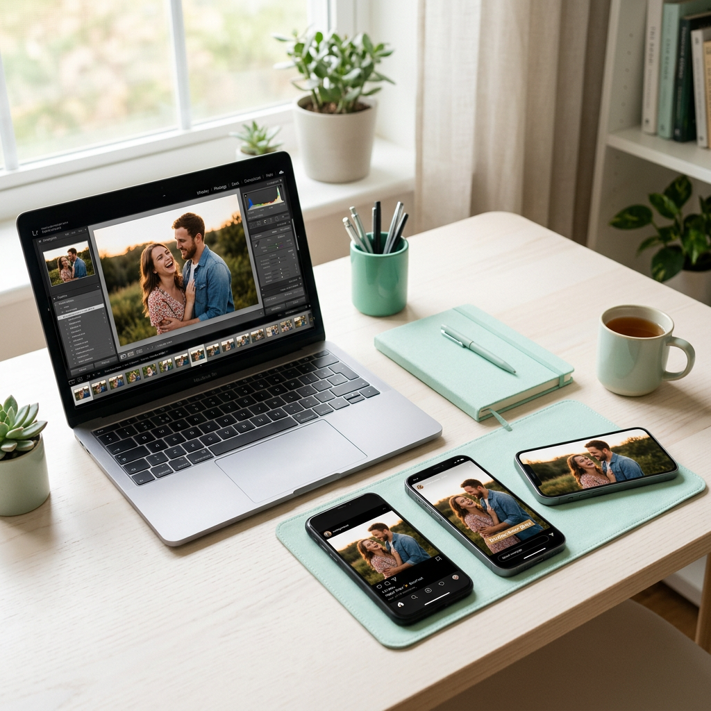 Smartphone displaying a romantic couple photo with hearts ready to post on Instagram, mint-green accents
