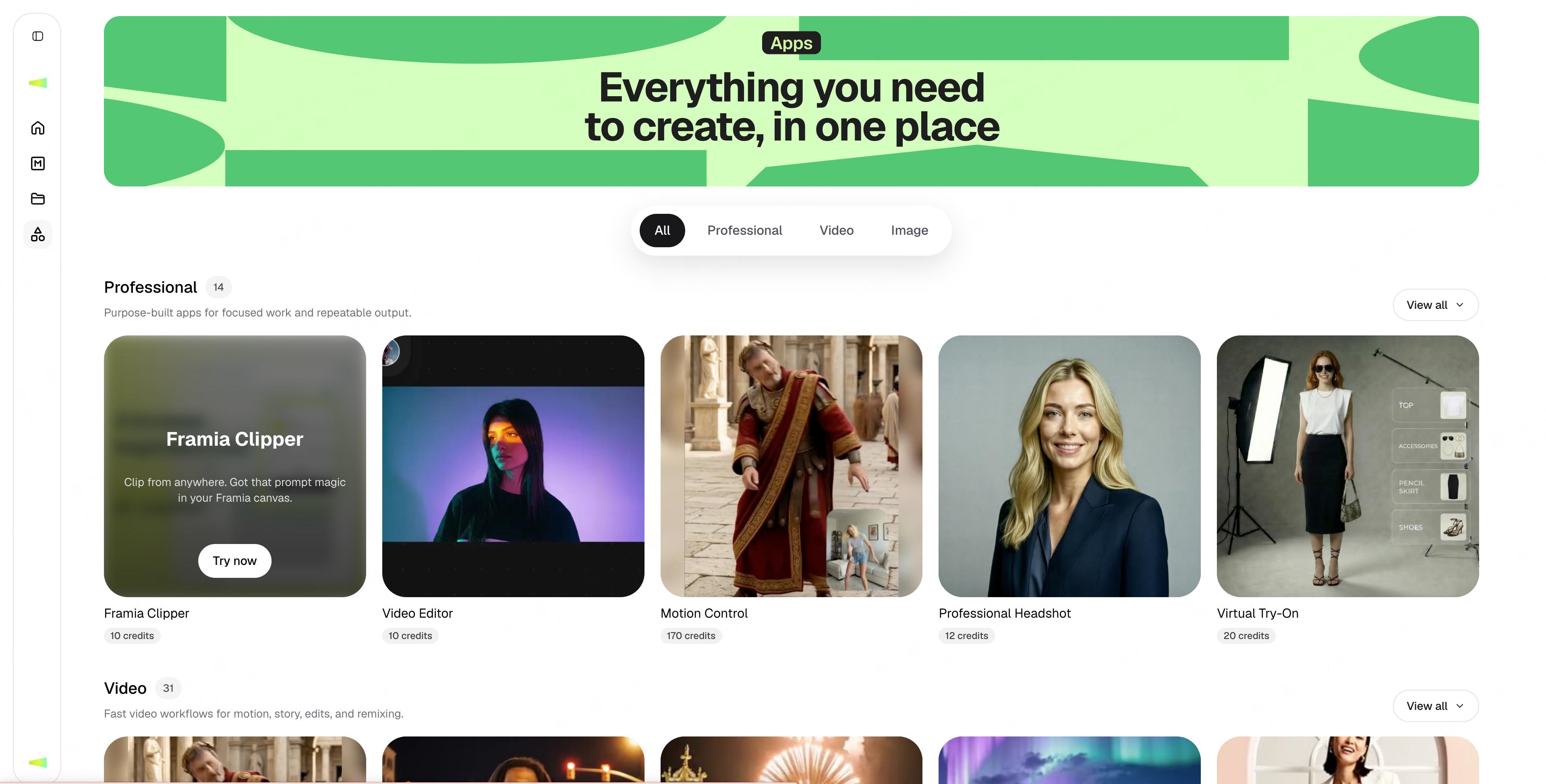 The Framia Apps marketplace with a hero banner and app cards grouped by Professional, Video, and Image