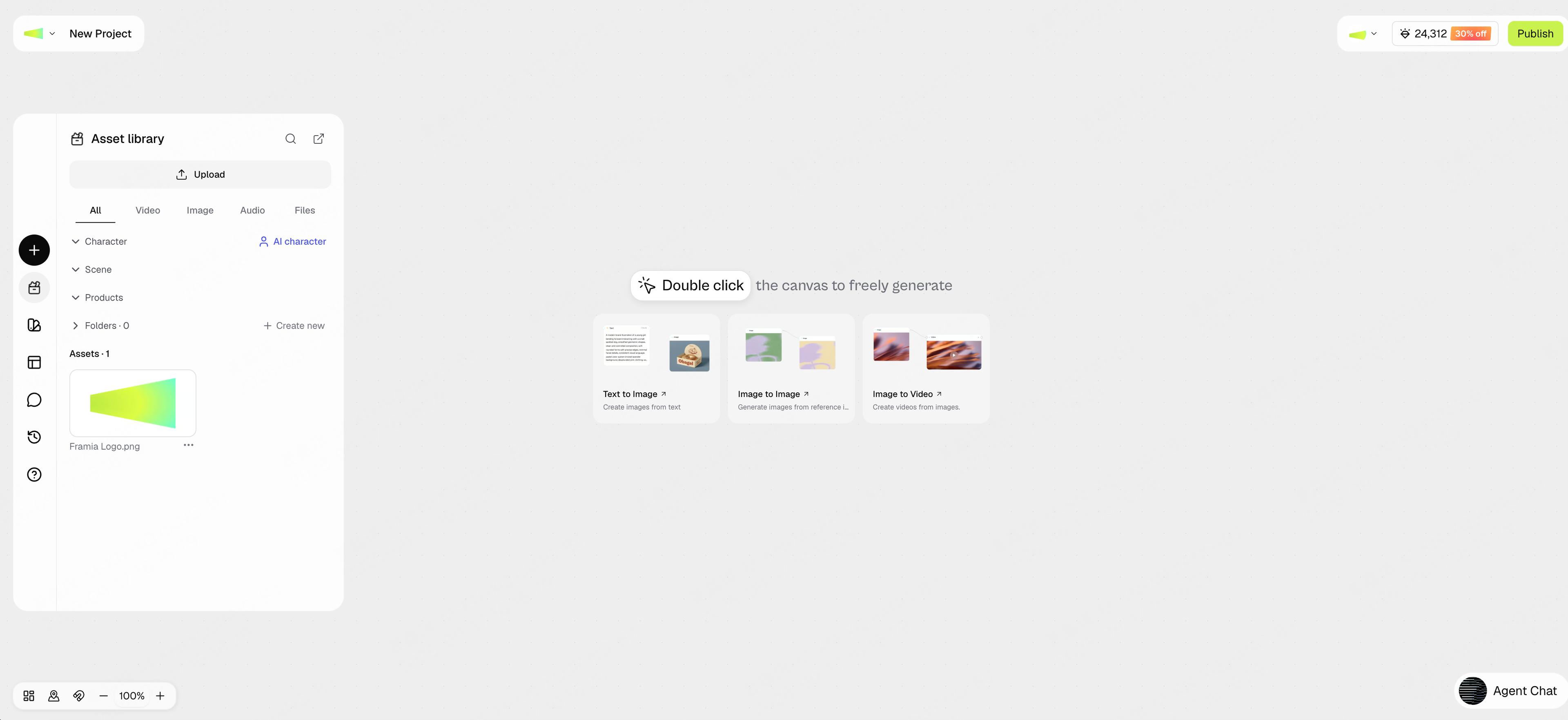 The Asset library panel with folders, media categories, Upload, and a saved logo beside the canvas