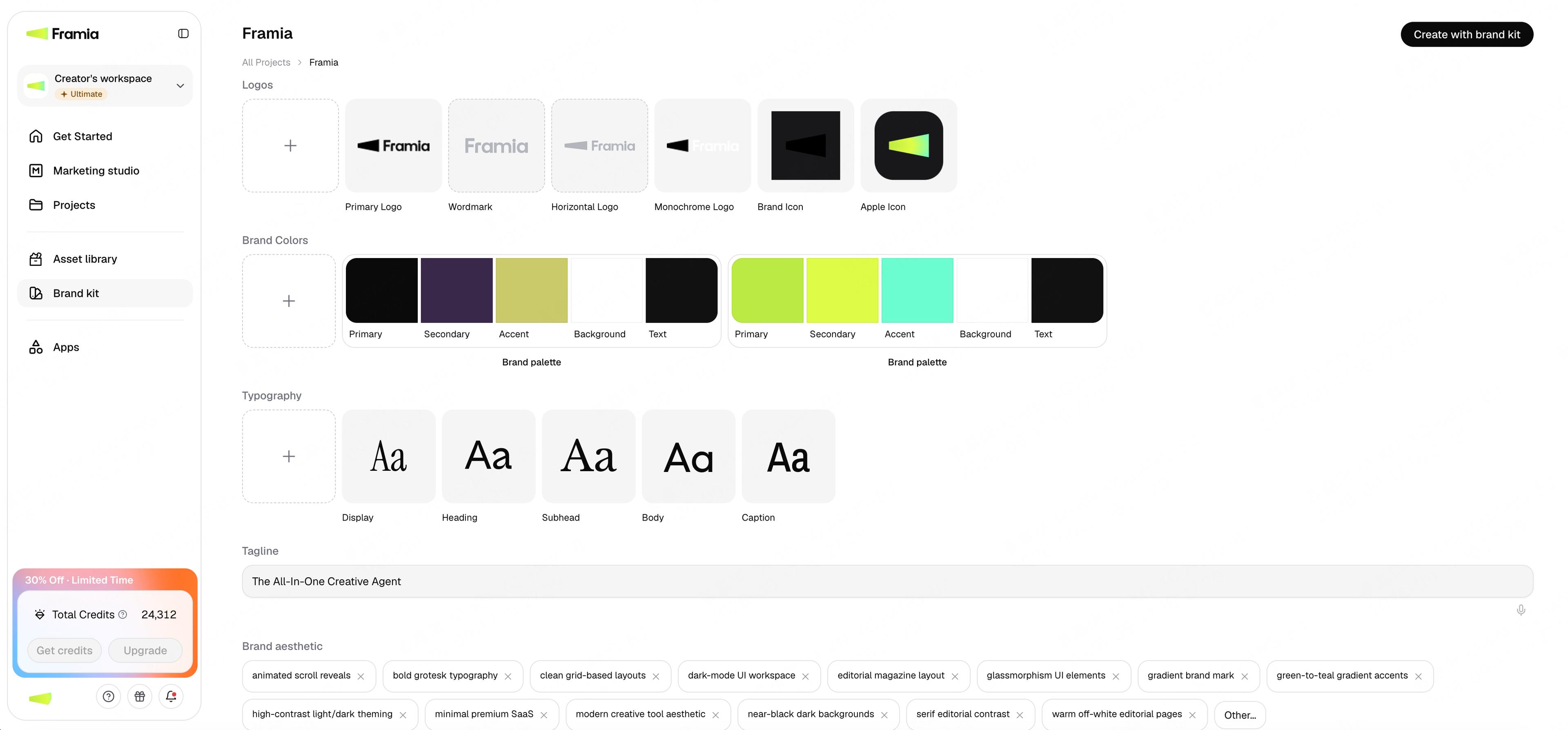 The Framia brand details page showing logos, brand colors, typography, tagline, and brand aesthetic