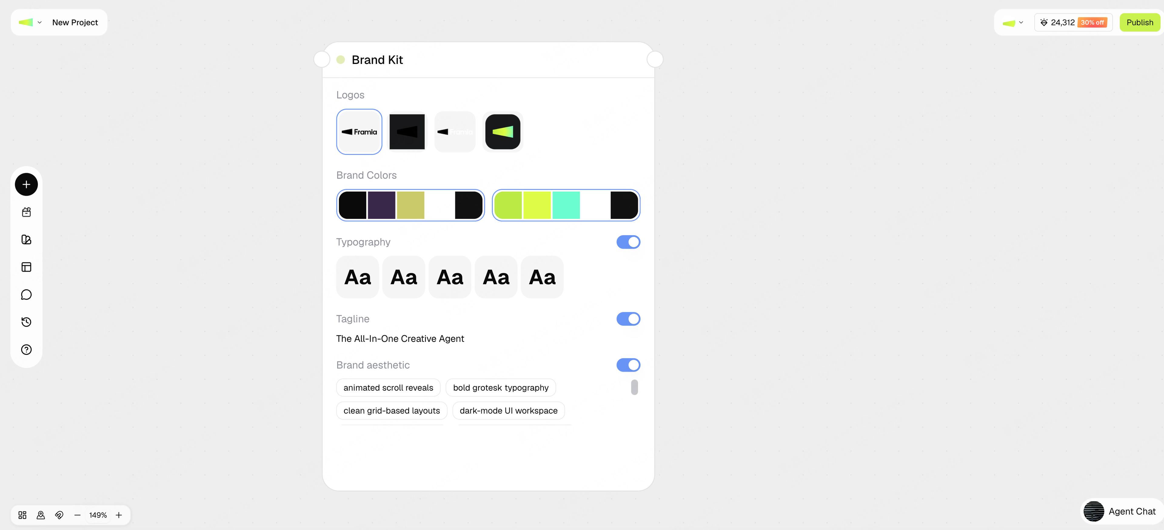 A Brand Kit node on the canvas with logos, colors, typography, tagline, and brand aesthetic controls