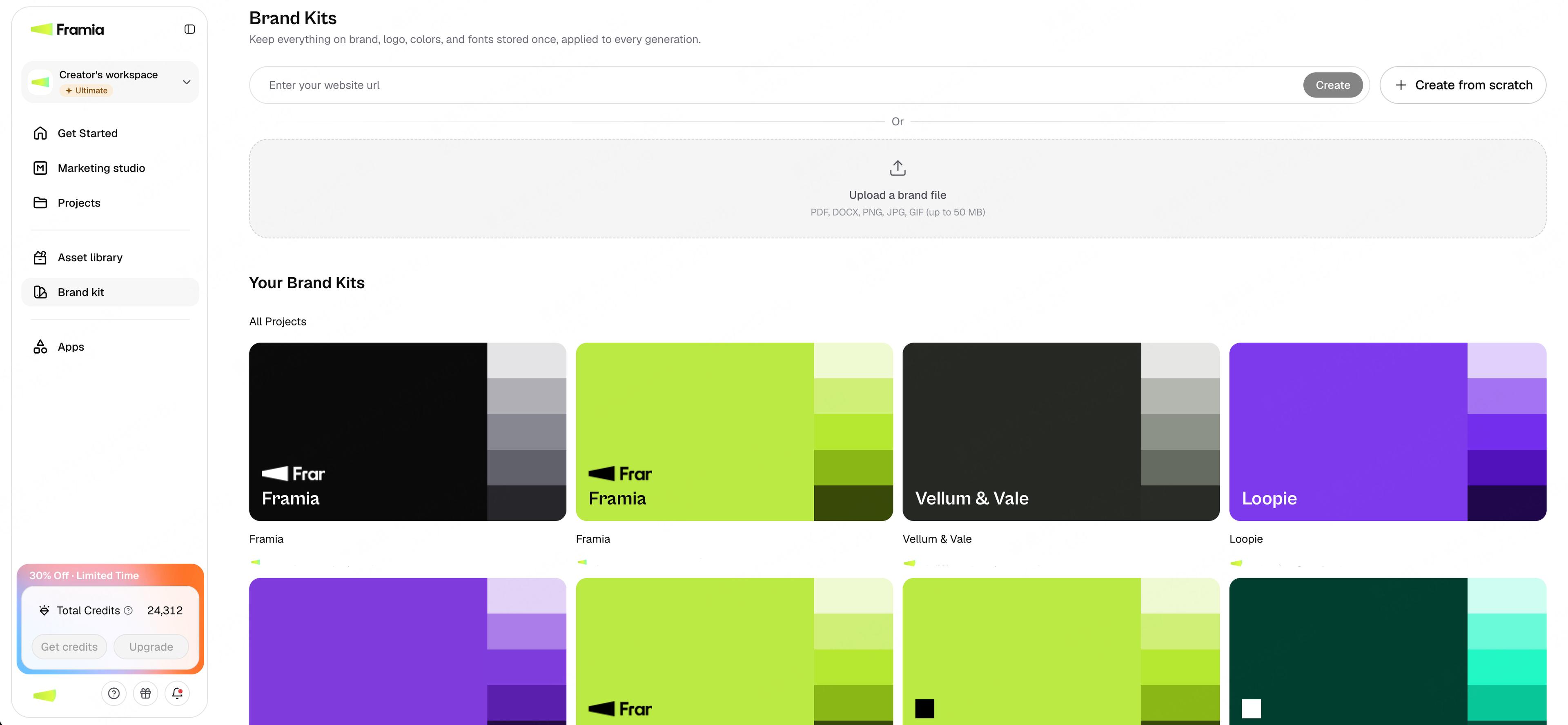 The Brand Kits page with website import, brand-file upload, Create from scratch, and saved brand cards