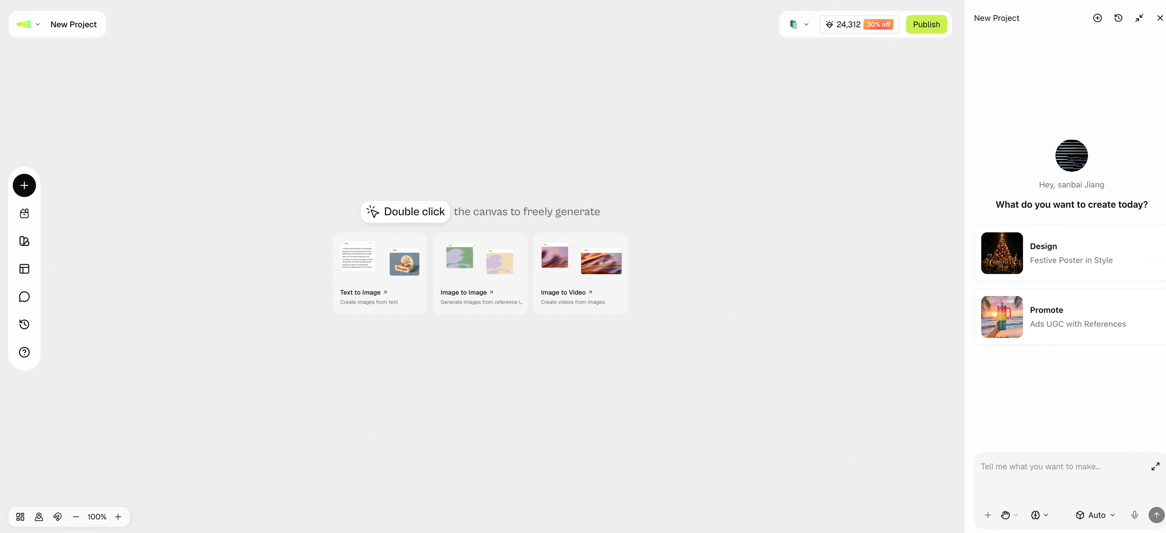 A blank Framia canvas with creation shortcuts and the Agent Chat panel open on the right