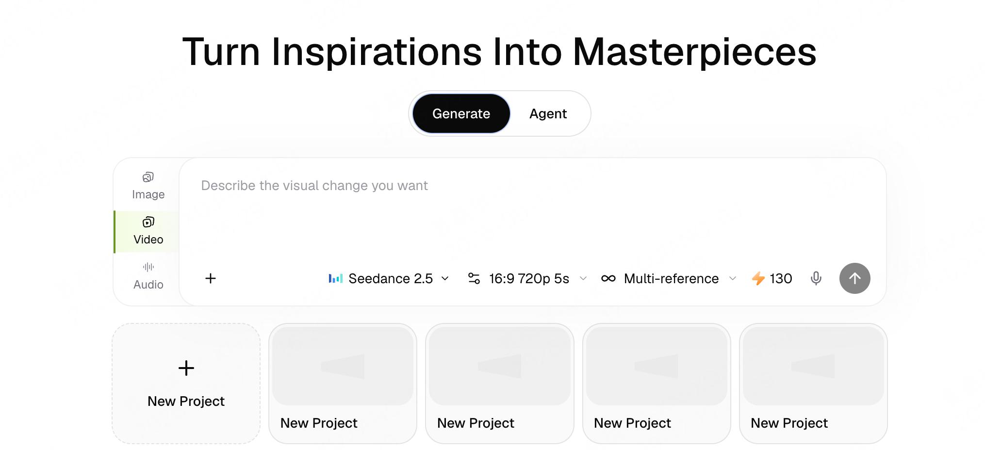 The Framia home page with Generate selected, image, video, and audio options, and the New Project entry