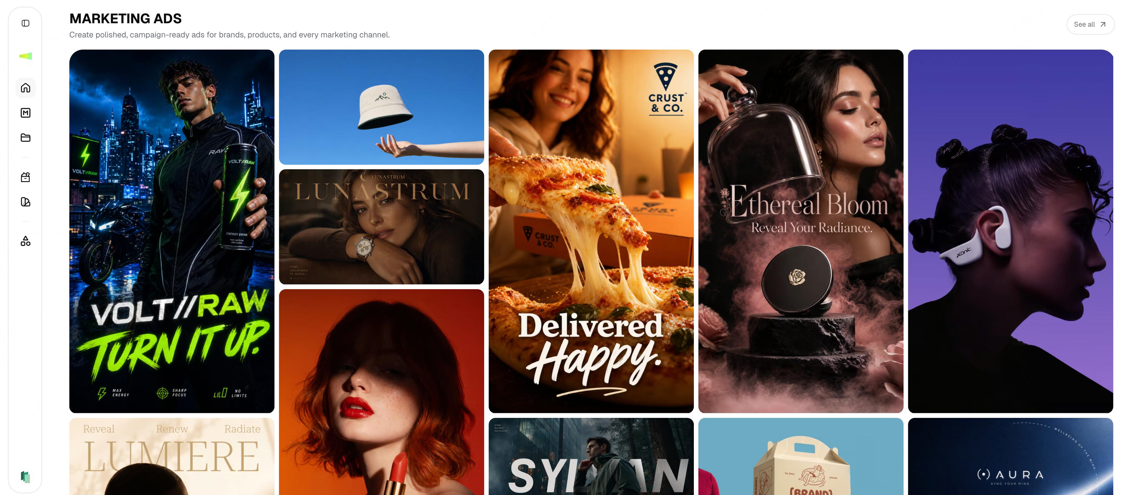The Marketing Ads Gallery on the Framia home page with a masonry grid of projects