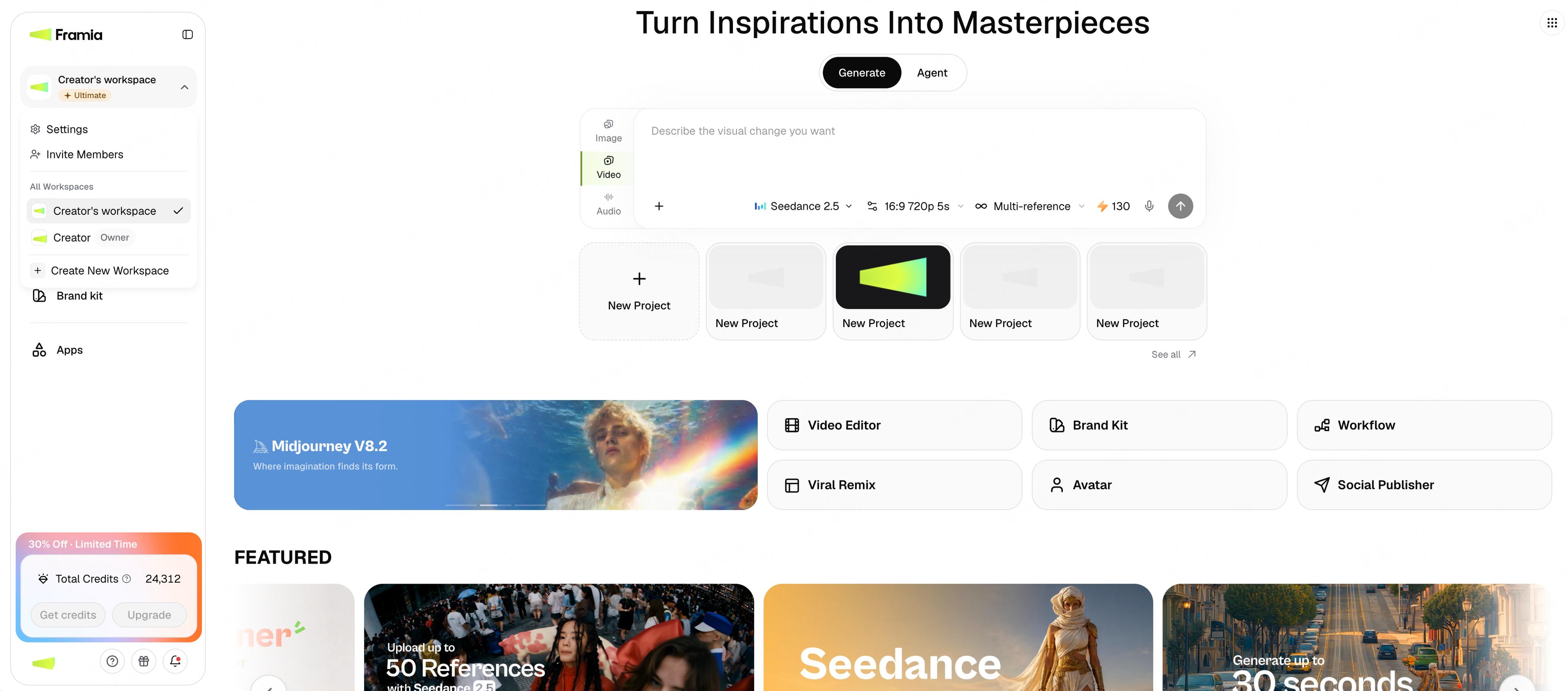 The Framia sidebar workspace dropdown for switching workspaces, inviting members, and creating a new one