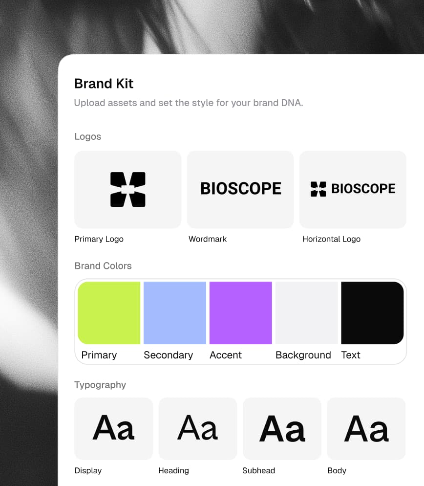 Configuración del kit de marca Bioscope con logotipos, colores y tipografía