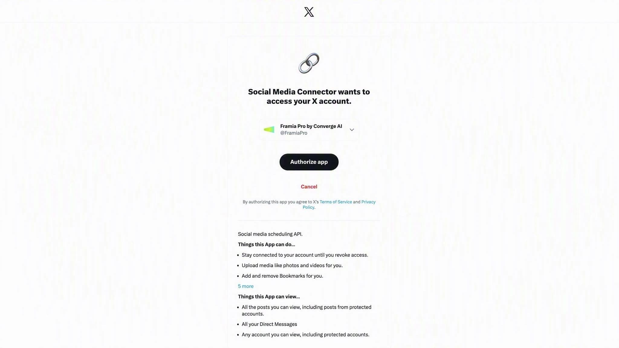 The X (Twitter) authorization page granting the Social Media Connector access for Framia Pro
