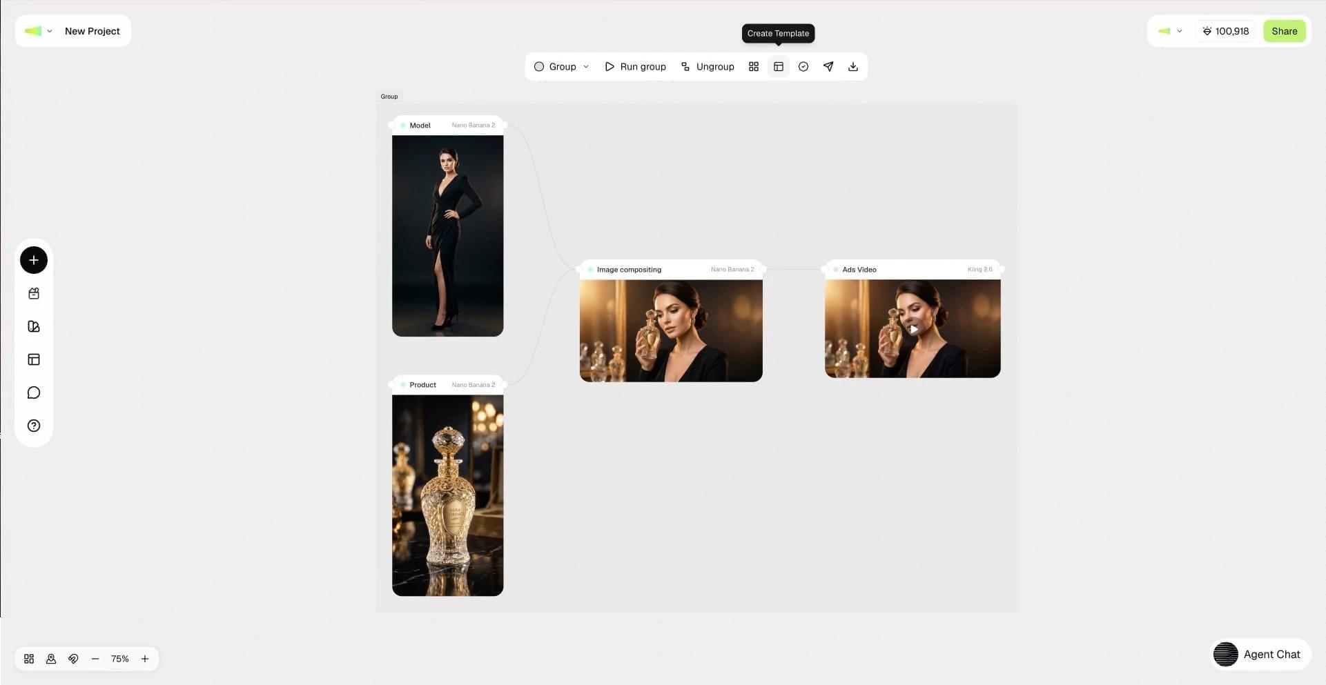 A finished workflow with generated results and group controls