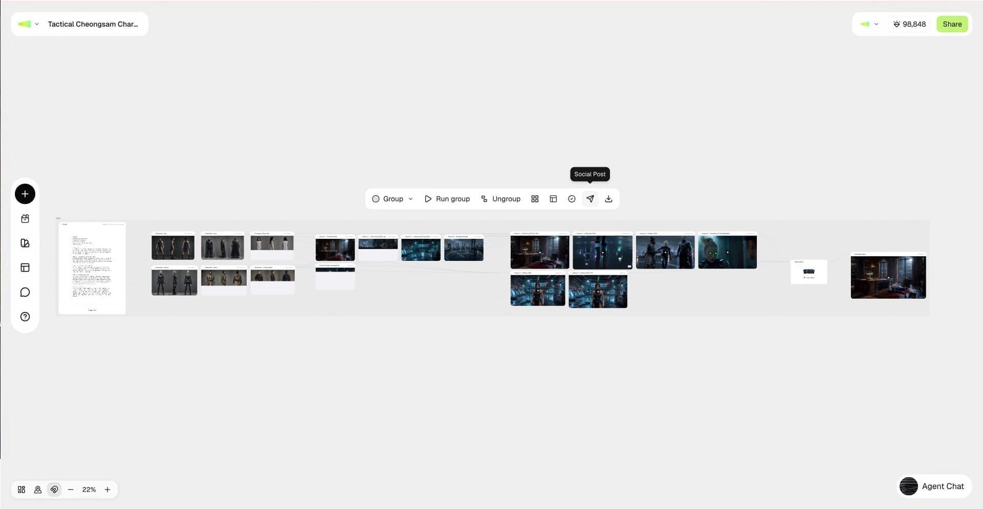 A node toolbar on the canvas with the post icon highlighted