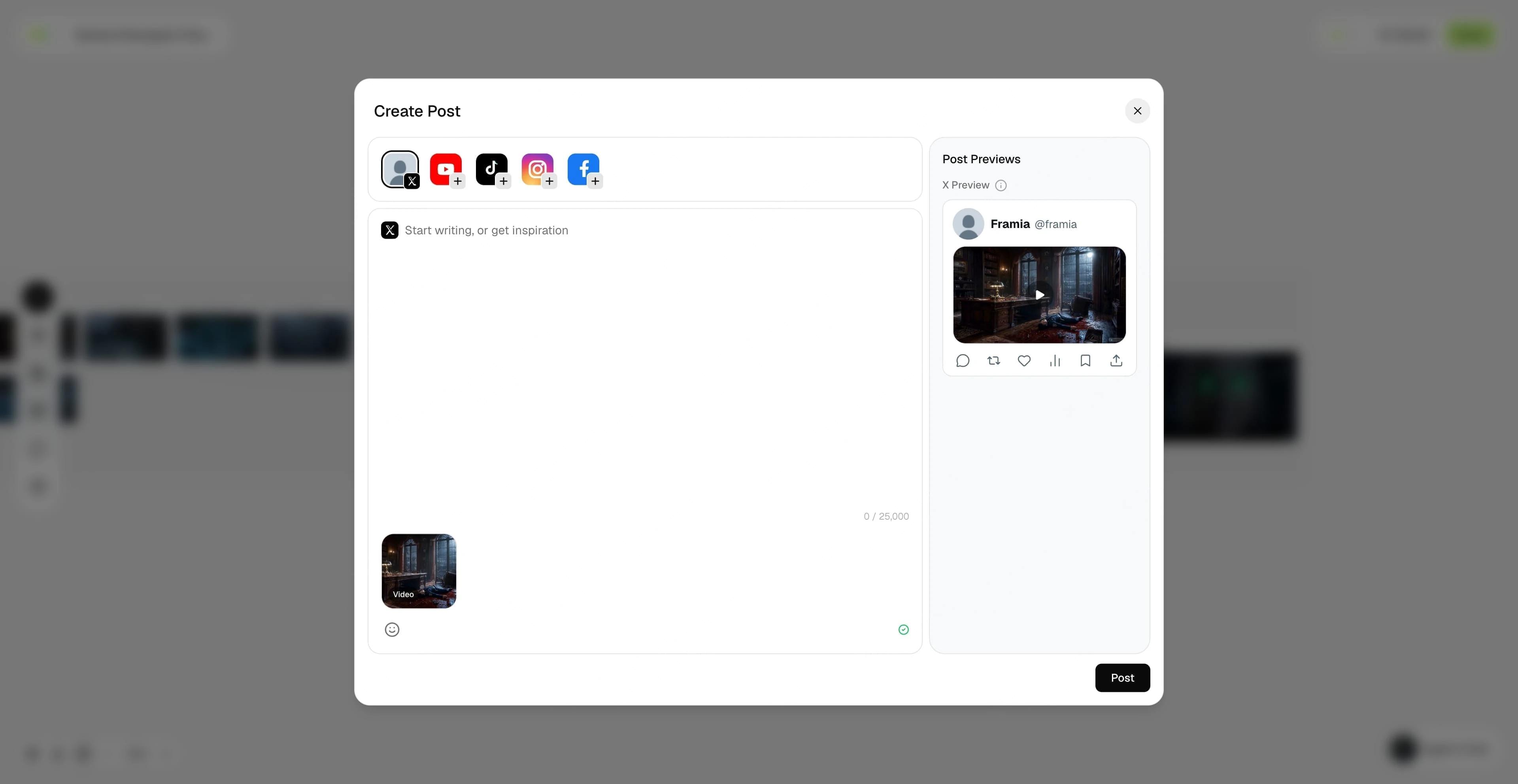 The Create Post window with platform icons, text, and post previews
