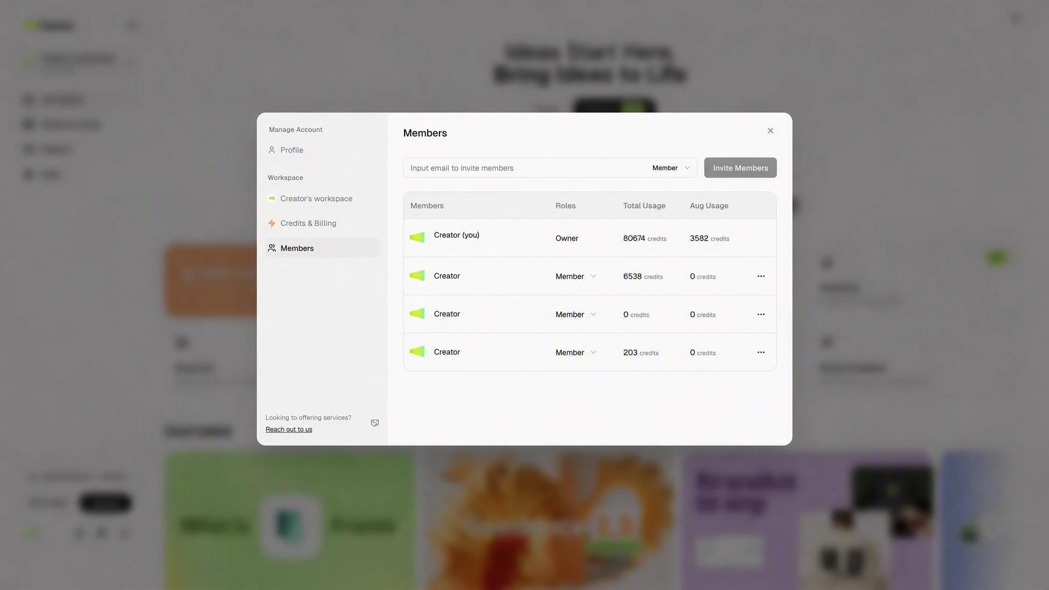 The Members management dialog showing the member list, roles, and credit usage