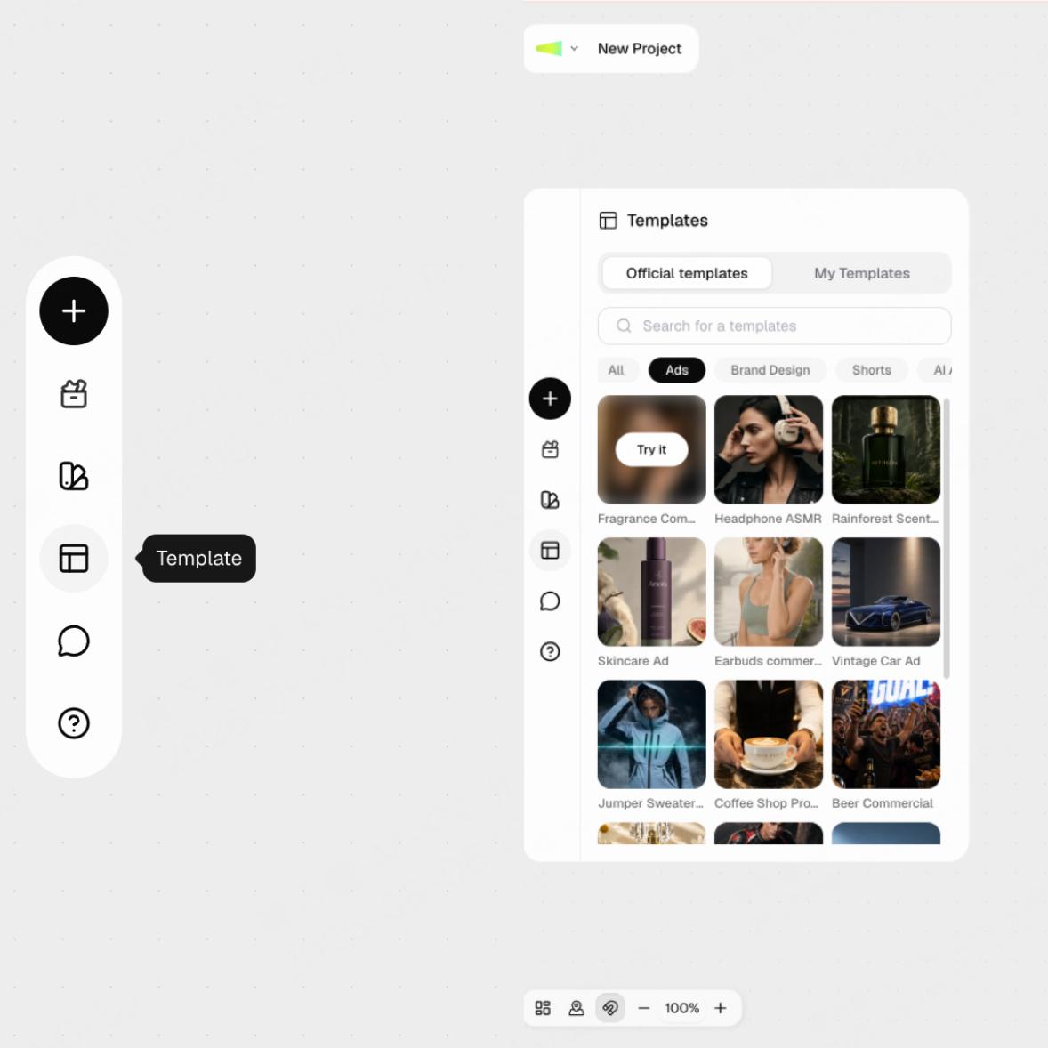 The Templates panel open in Canvas with official templates and Try it actions