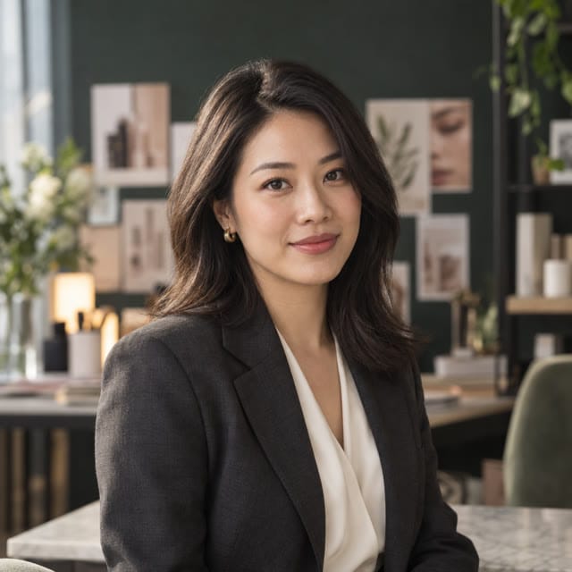 Mia Chen, gerente de marketing de crecimiento, con blazer oscuro en su escritorio