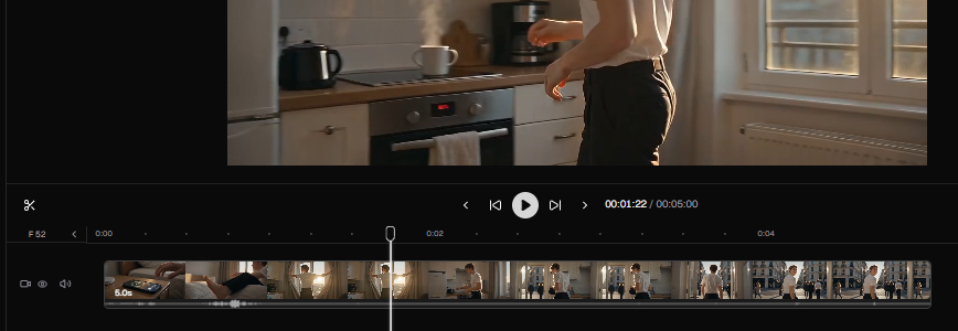 Anteprima reale dell’editor Framia, timeline delle clip e indicatore di riproduzione