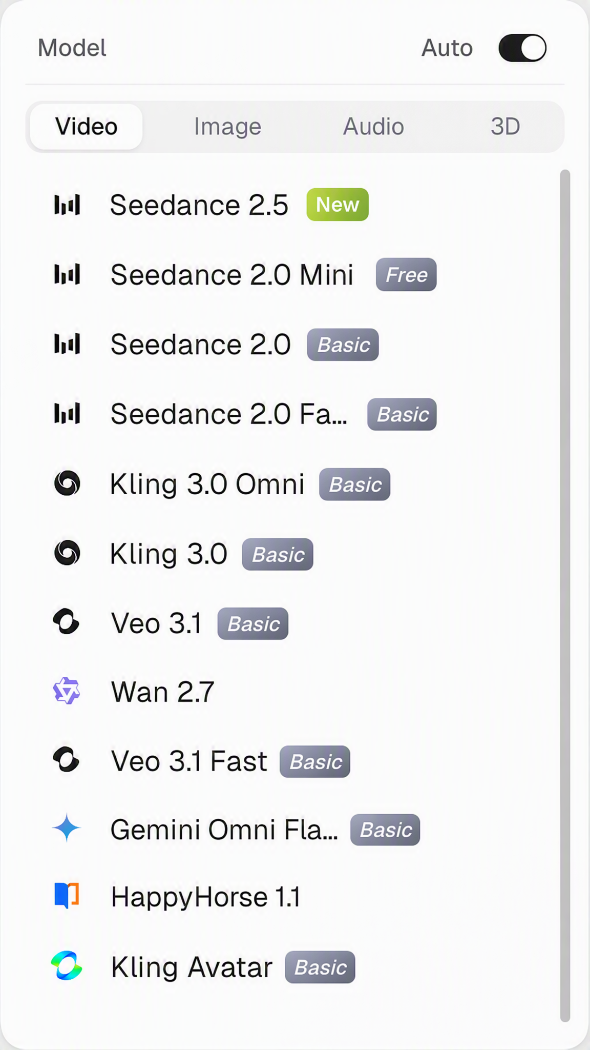 Video-based model list with Seedance 2.5, the Seedance 2.0 series, Kling 3.0 Omni, Veo 3.1, Wan 2.7, HappyHorse 1.1, Kling Avatar, and more