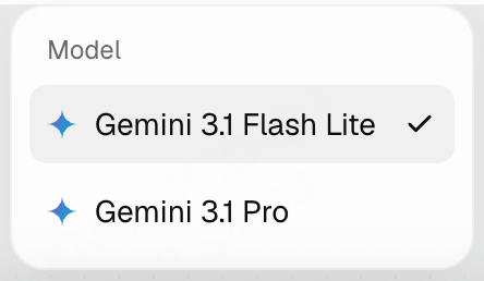 Text-based model list with Gemini 3.1 Flash Lite selected and Gemini 3.1 Pro