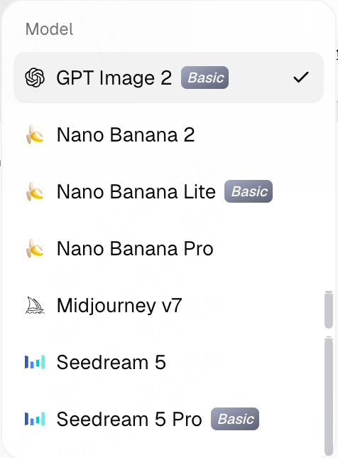 Image-based model list with GPT Image 2, Nano Banana 2 / Lite / Pro, Midjourney v7, Seedream 5, and Seedream 5 Pro